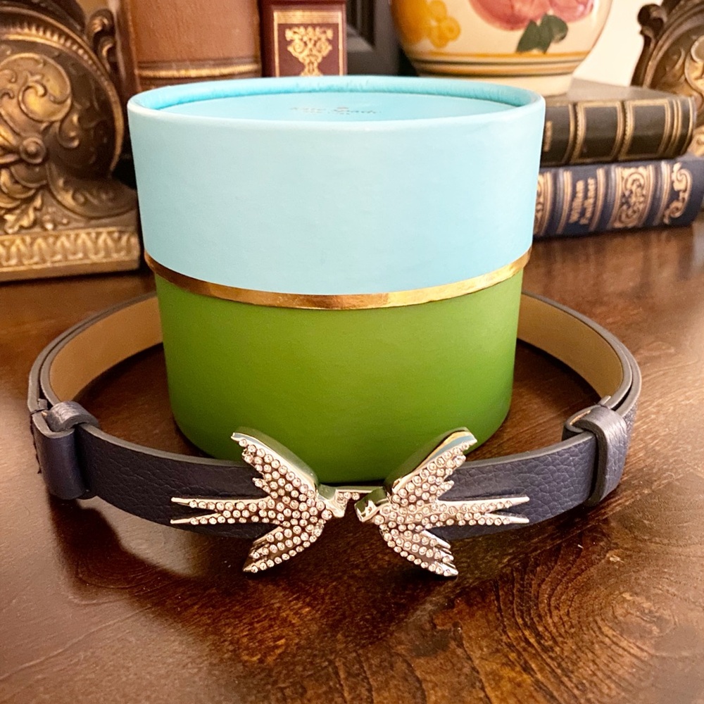 Kate Spade Belt Dark Blue Kissing Birds Leather Size M/L With Gift Box